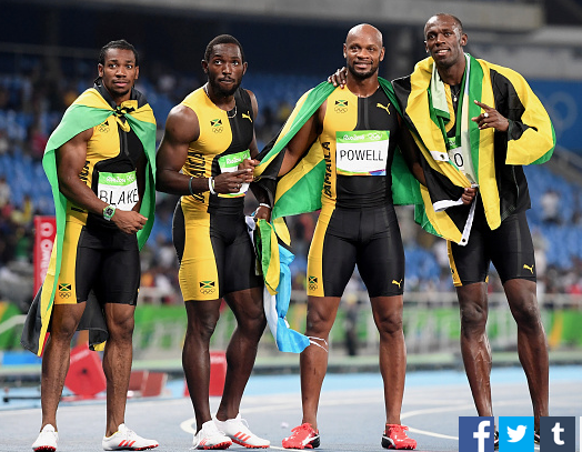 Jamaica with Asafa Powel, Yohan Blake , Nickel Ashmeade and usain Bolt